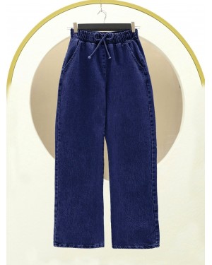 Beli Lastikli Cepli Bol Paça Kot Pantolon     -İndigo