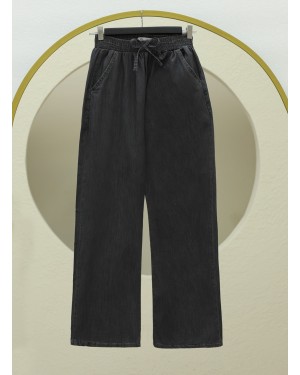 Elastic Waist Wide Leg Jeans with Pockets        -Anthracite