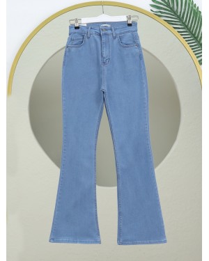 İspanyol Paça Yüksek Bel Kot Pantolon   -Açık Mavi