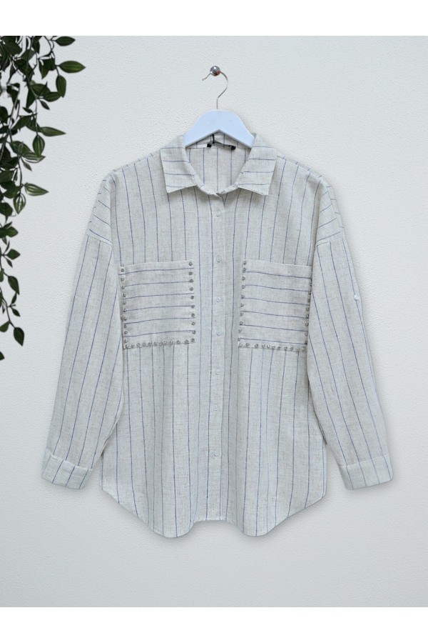 Stone Embroidered Striped Linen Shirt - Beige