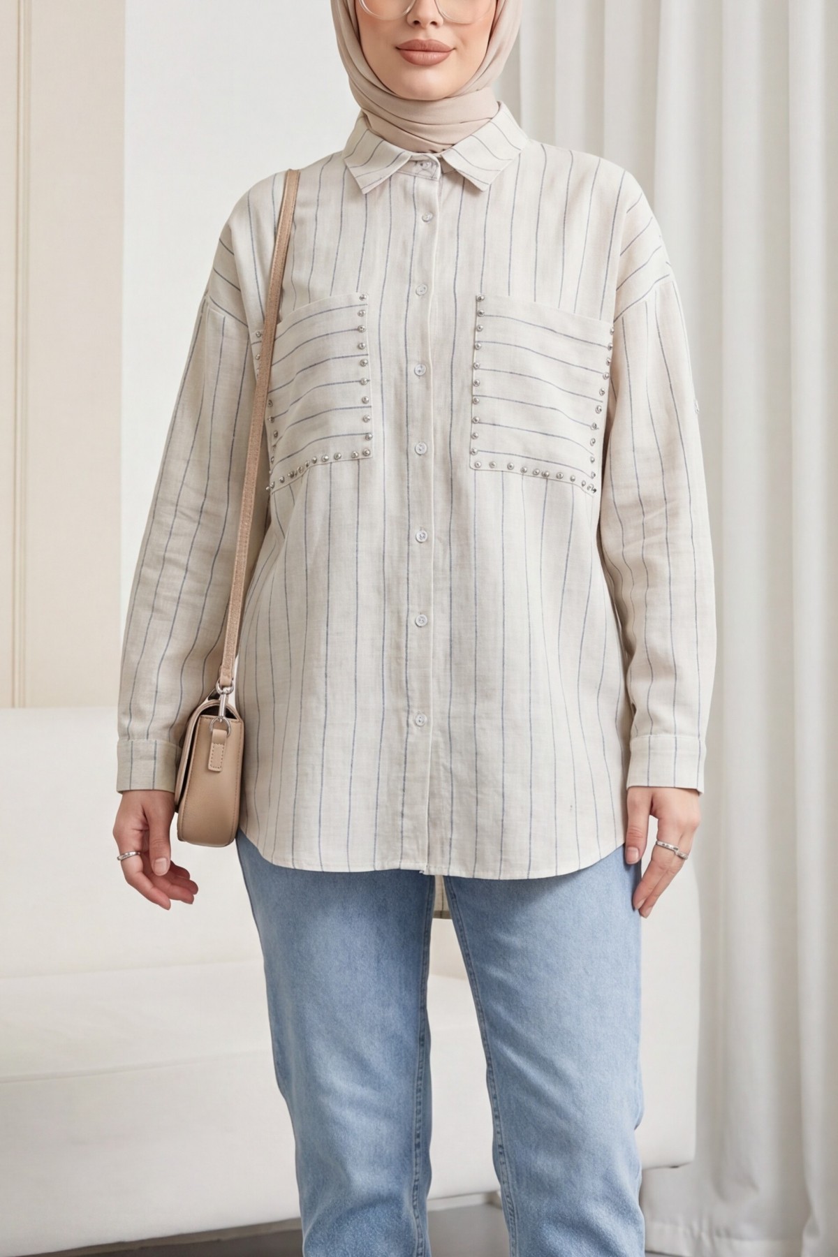 Stone Embroidered Striped Linen Shirt - Beige