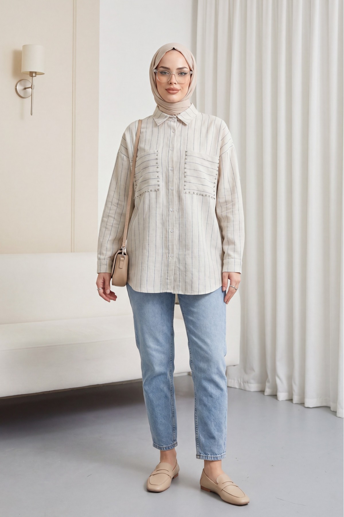 Stone Embroidered Striped Linen Shirt - Beige
