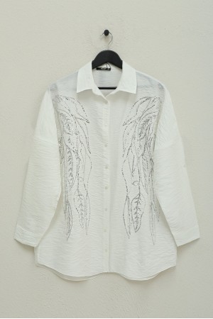 قميص الترتر بنمط أوراق الشجر -أبيض
