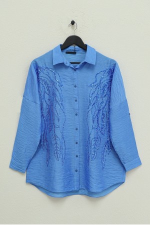 قميص الترتر بنمط أوراق الشجر -اللون النيلي