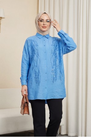 قميص الترتر بنمط أوراق الشجر -اللون النيلي