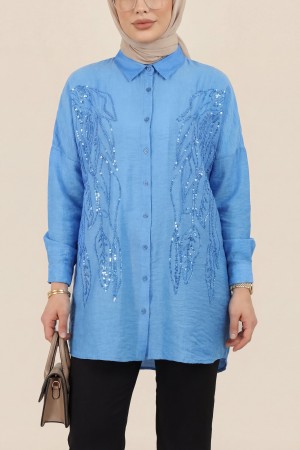 قميص الترتر بنمط أوراق الشجر -اللون النيلي