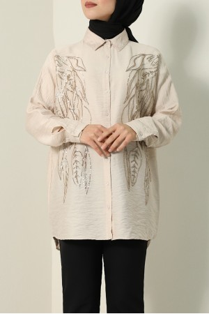 قميص الترتر بنمط أوراق الشجر -تدرجات البيج