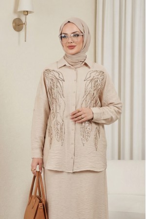 Yaprak Desen Pul Payet Gömlek -Vizon