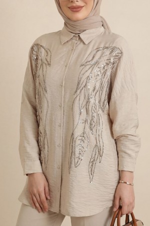قميص الترتر بنمط أوراق الشجر -تدرجات البيج