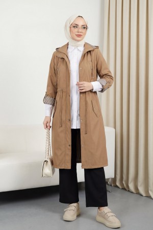 Astarı Çizgili Trençkot        -Taba