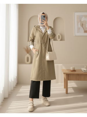 Astarı Çizgili Trençkot  -Açık Vizon