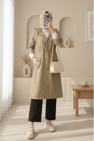 Astarı Çizgili Trençkot  -Açık Vizon