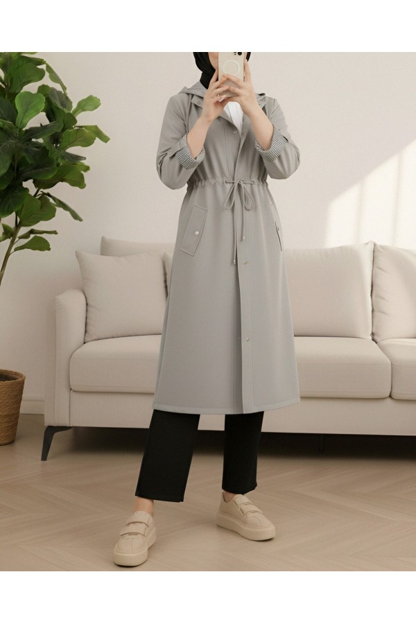 Striped Trench Coat  -Grey