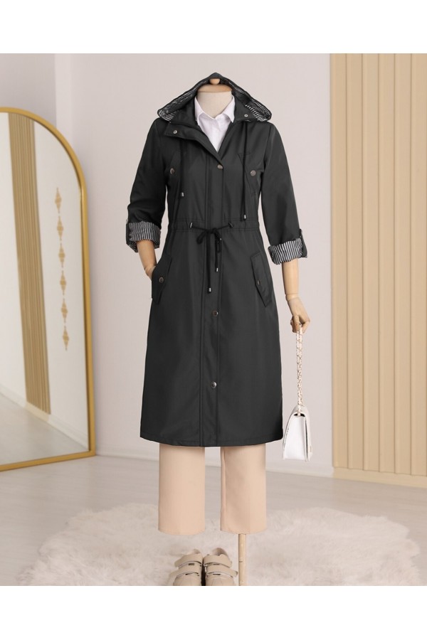 Striped Trench Coat   -Black