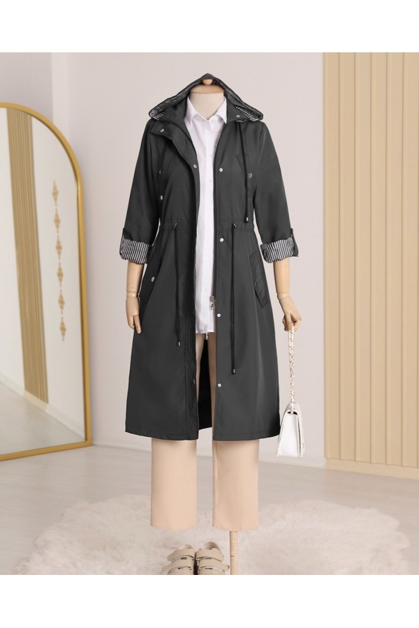 Striped Trench Coat   -Black