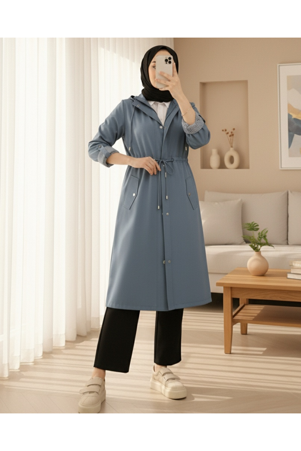 Striped Trench Coat     -İndigo