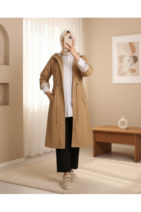 Striped Trench Coat     -Mink color