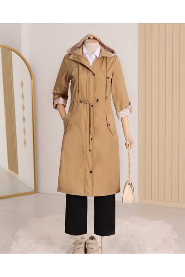 Striped Trench Coat     -Mink color