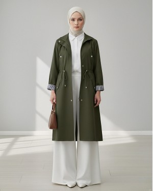 Tunnel Lace Top Pocket Detailed Trench Coat -Khaki