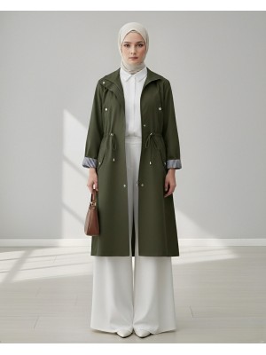 Tünel Bağcıklı Üst Cep Detaylı  Astarsız Yıkamalı Organik Koton Trenckot  -Haki