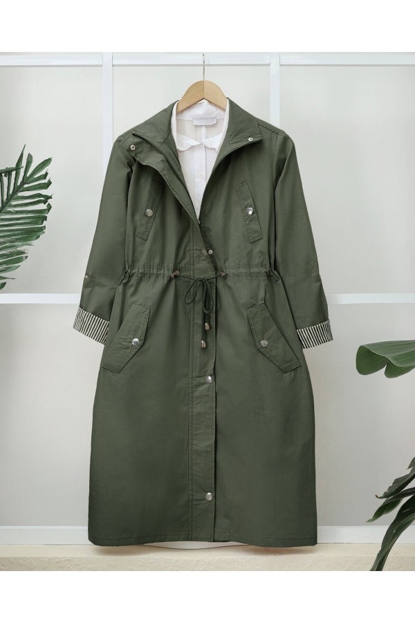 Tunnel Lace Top Pocket Detailed Trench Coat -Khaki