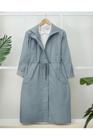 Tünel Bağcıklı Üst Cep Detaylı  Astarsız Yıkamalı Organik Koton Trenckot  -Mavi