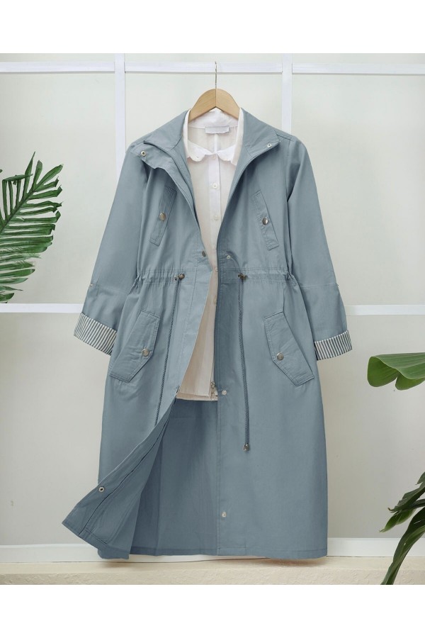 Tunnel Lace Top Pocket Detailed Trench Coat -Blue