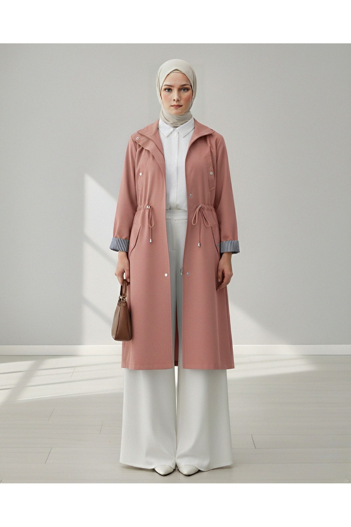 Tunnel Lace Top Pocket Detailed Trench Coat -Powder