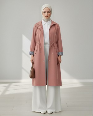 Tunnel Lace Top Pocket Detailed Trench Coat -Powder