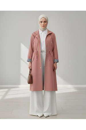 Tünel Bağcıklı Üst Cep Detaylı  Astarsız Yıkamalı Organik Koton Trenckot  -Pudra