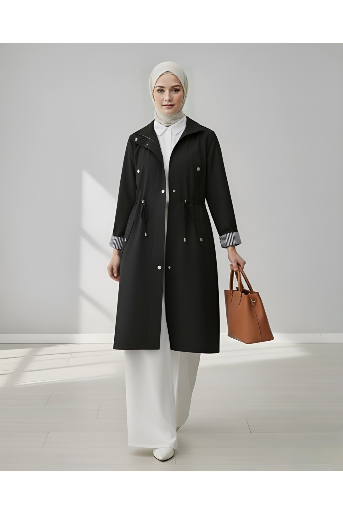 Tunnel Lace Top Pocket Detailed Trench Coat -Black