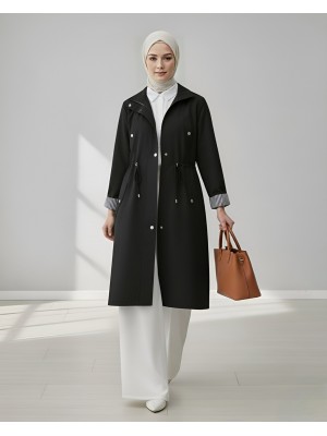 Tünel Bağcıklı Üst Cep Detaylı  Astarsız Yıkamalı Organik Koton Trenckot  -Siyah