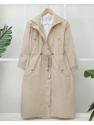 Tünel Bağcıklı Üst Cep Detaylı  Astarsız Yıkamalı Organik Koton Trenckot  -Taş