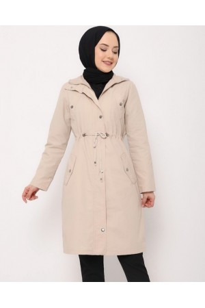 Tünel Bağcıklı Üst Cep Detaylı  Astarsız Yıkamalı Organik Koton Trenckot  -Taş