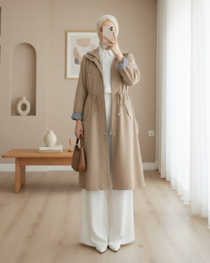 Tunnel Lace Top Pocket Detailed Trench Coat  -Mink color