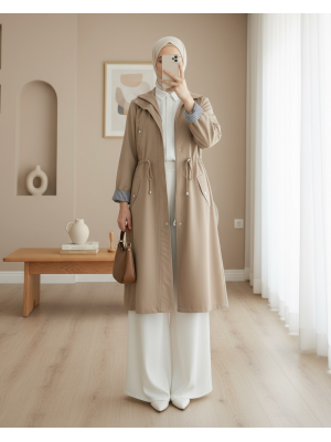 Tünel Bağcıklı Üst Cep Detaylı  Astarsız Yıkamalı Organik Koton Trenckot  -Vizon