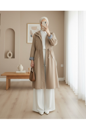 Tunnel Lace Top Pocket Detailed Trench Coat  -Mink color