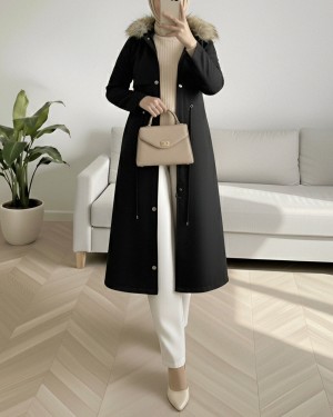 Inside Plush Fixed Hooded Tunnel Lace Long Coat -Black
