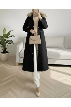 Inside Plush Fixed Hooded Tunnel Lace Long Coat -Black