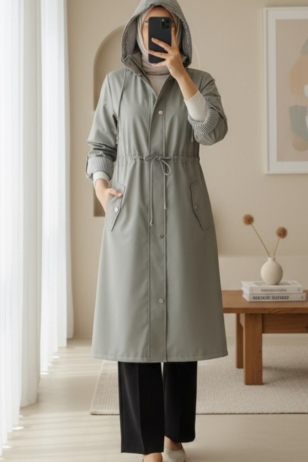 Striped Trench Coat -Grey