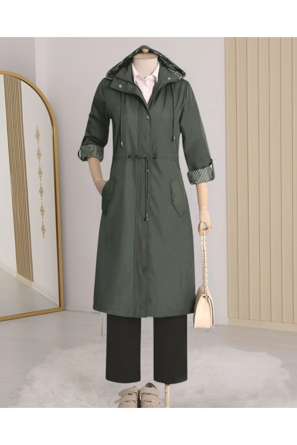 Striped Trench Coat -Khaki
