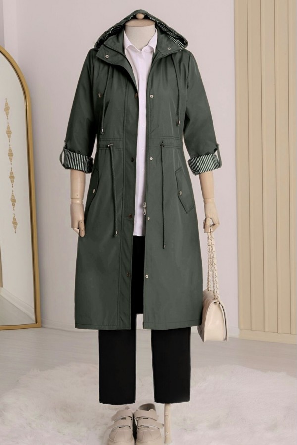 Striped Trench Coat -Khaki
