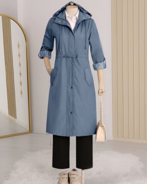 Striped Trench Coat -İndigo