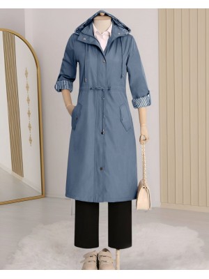 Striped Trench Coat -İndigo