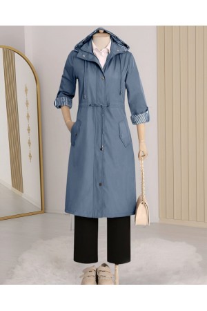 Astarı Çizgili Trençkot -İndigo