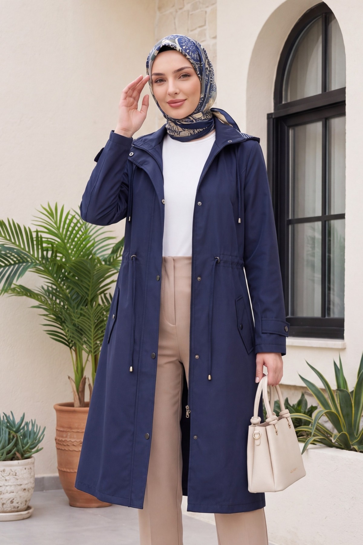 Striped Trench Coat -Navy blue