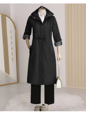 Striped Trench Coat -Black
