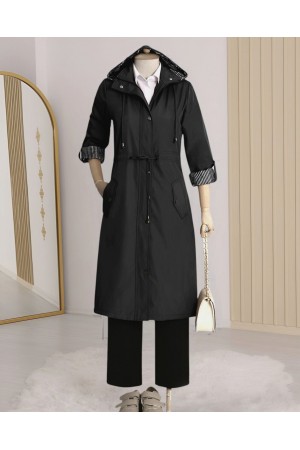 Astarı Çizgili Trençkot -Siyah