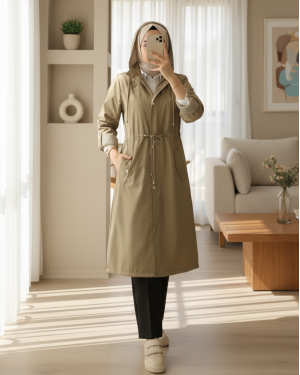 Astarı Çizgili Trençkot -Vizon