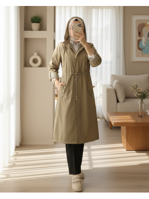 Astarı Çizgili Trençkot -Vizon